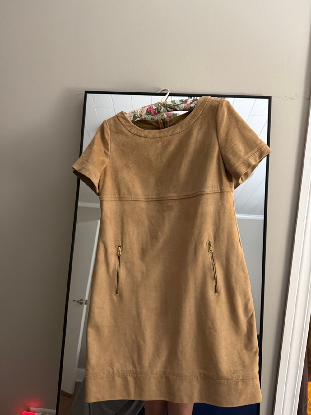 Phoebe Couture Camel Tan Short-Sleeve Midi Dress with Gold Zippers